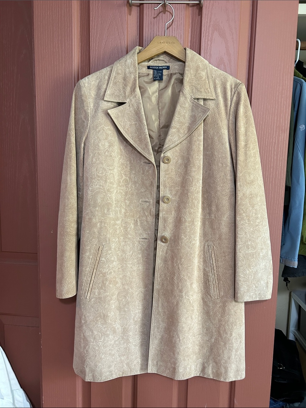 Boston Proper Light Beige Suede 100% Leather Paisley Trench Coat 10